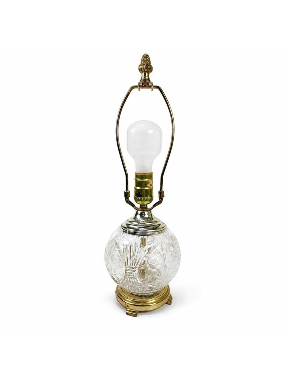 Floral Crystal Table Lamp Traditional Brass Base Etched Flowers Clear Glass Bowl